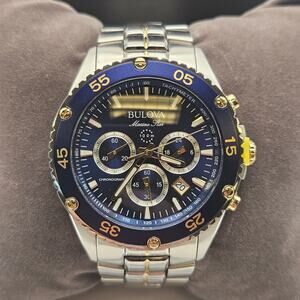 BULOVA CLASSIC MARINE STAR MENS BLUE DIAL CHRONOGRAPH 98B400 QUARTZ WATCH 41.5MM